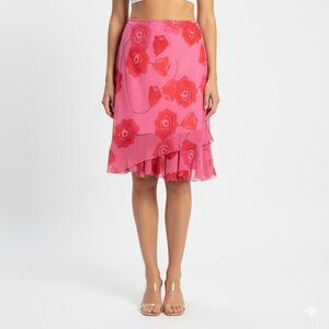 VTG Coquette Fairy Floral Ruffle Midi Skirt Sz L Pink 90s Y2K Romantic Feminine‎